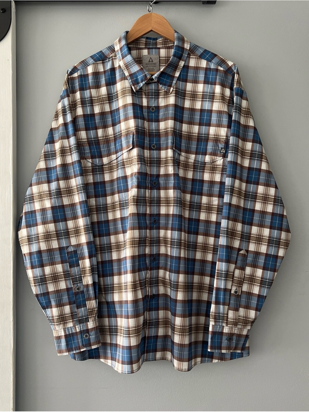 Ascend Blue Brown Plaid Long-Sleeve Button-Down Shirt Skater Logo Embroidered